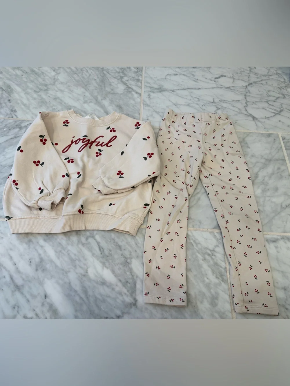 Cream Cherry-Print Girls Outfit Set